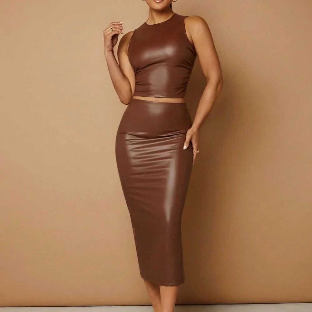 Brown Elegant Womens Solid PU Leather Tank Top & Pencil Skirt - Picture 4 of 5